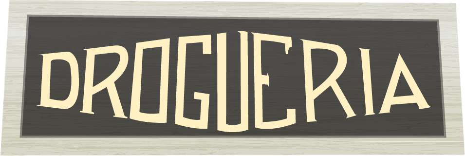 Cartel de una droguería con el texto "Droguería" en un diseño retro y colores contrastantes, ideal para identificar establecimientos de venta de productos farmacéuticos y de cuidado personal.